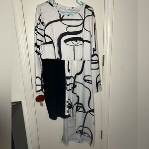 Abstract Face Print Long Sleeve Dress